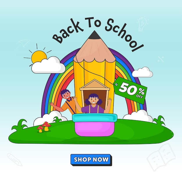 Back to school banner happy school students pencil rainbow and nature elements for invitation poster banner promotion sale etc School supplies cartoon illustration