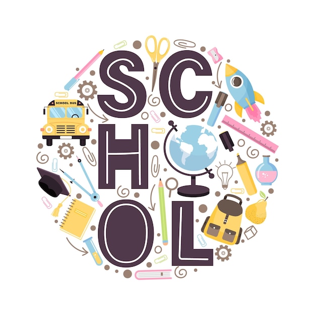 back to school banner illustration lettering with books backpack stationery globe bus etc