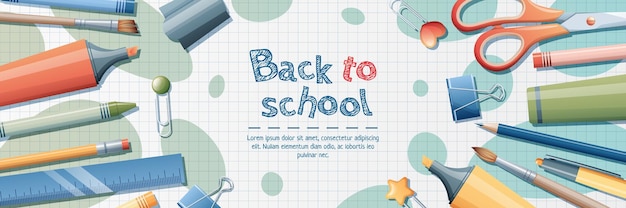 Back to school banner template Background with stationery pencils pen brush scissors paper clips