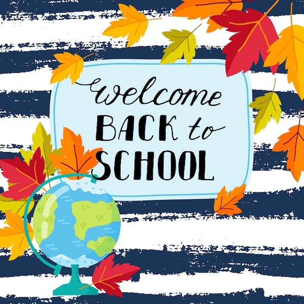 Back to school banner template, with globe and autumn leaves . Vector illustration.