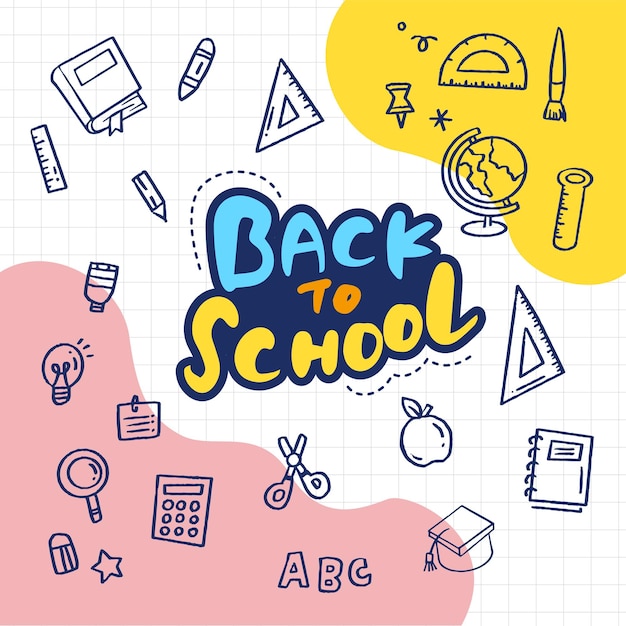 Back to School banner with hand drawn line art icons of education