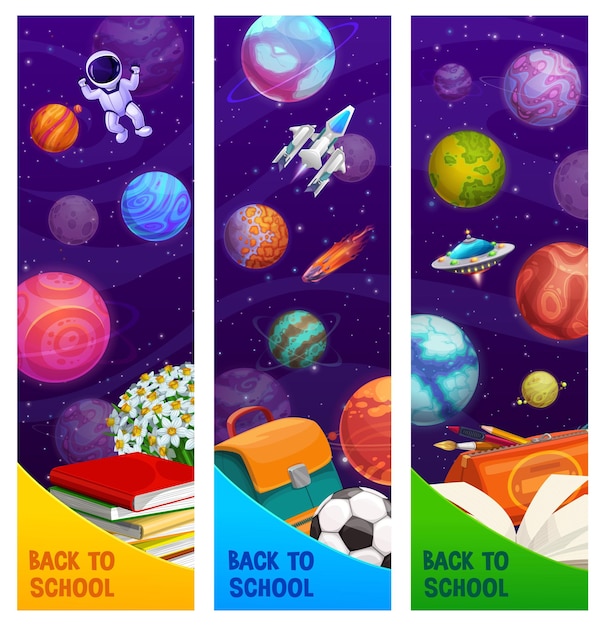 Back to school banner with space planet spaceship