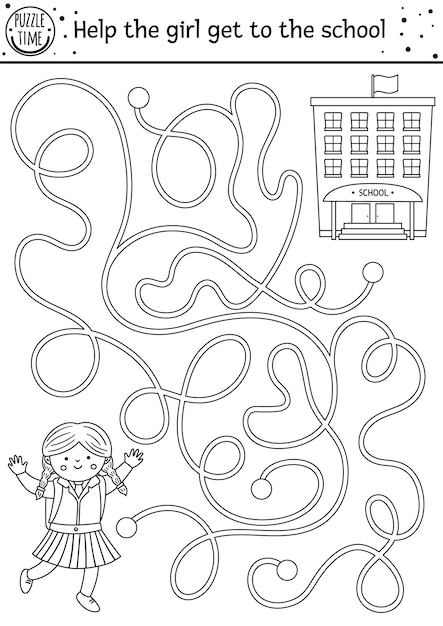 Back to school black and white maze for children Preschool outline printable educational activity or coloring page Funny puzzle with cute schoolgirl Help the girl get to the school Autumn gamexA