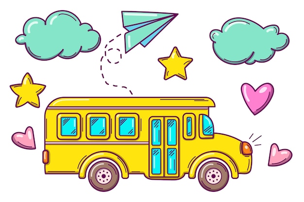 Back to School Bright colorful set of doodles pictures school bus paper plane clouds Isolated on white background