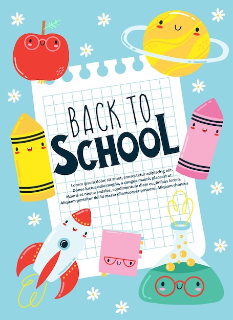 Back to school card kawaii cute cartoon character for kids Vector illustration