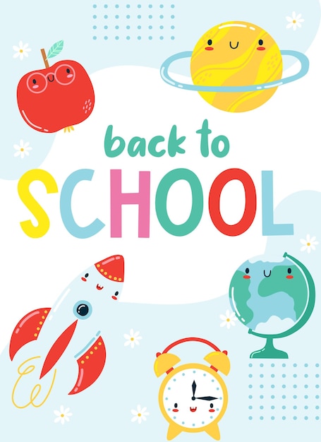 Back to school card kawaii cute cartoon character for kids Vector illustration