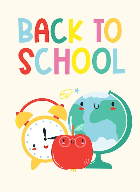 Back to school card kawaii cute cartoon character for kids Vector illustration