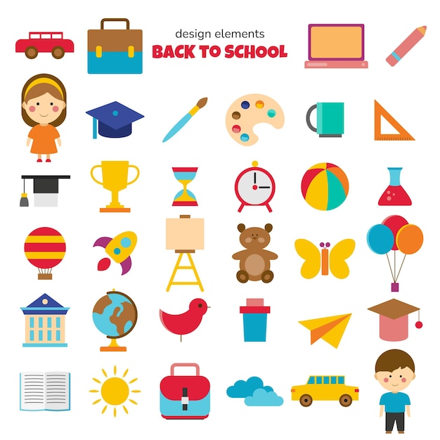 Back to school cartoon collection Big set of colorful school supplies Subjects for education