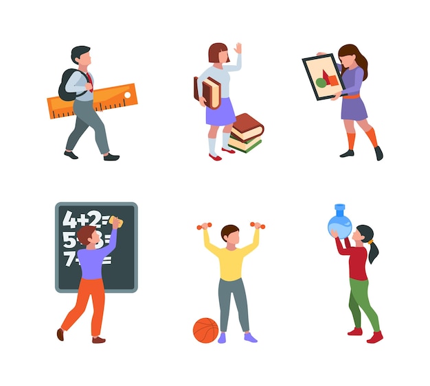 Back to school characters Students and pupils school kids with accessories backpack pencils notebooks since symbols garish vector people in flat style