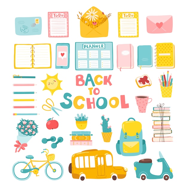 Back to school in childish cartoon style. A variety of colorful object.