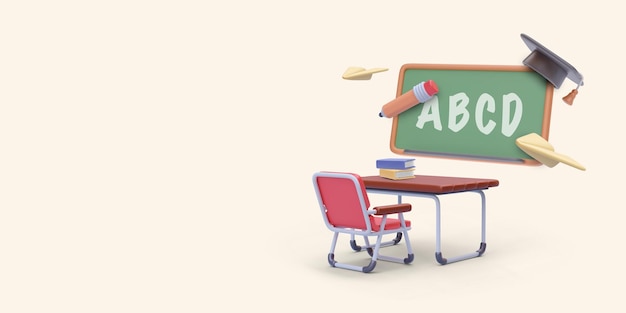 Back to school concept in 3d realistic style with book desk chair pencil Vector illustration