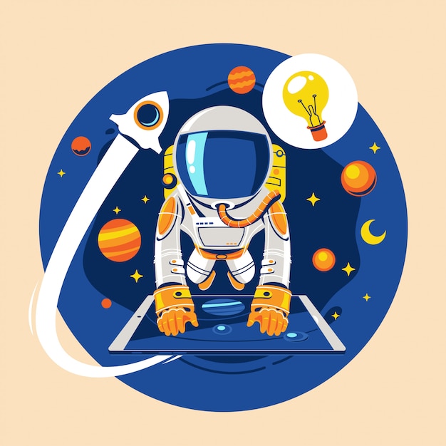 Back to school concept. Astronaut kid learn online astronomy lesson concept about earth and space