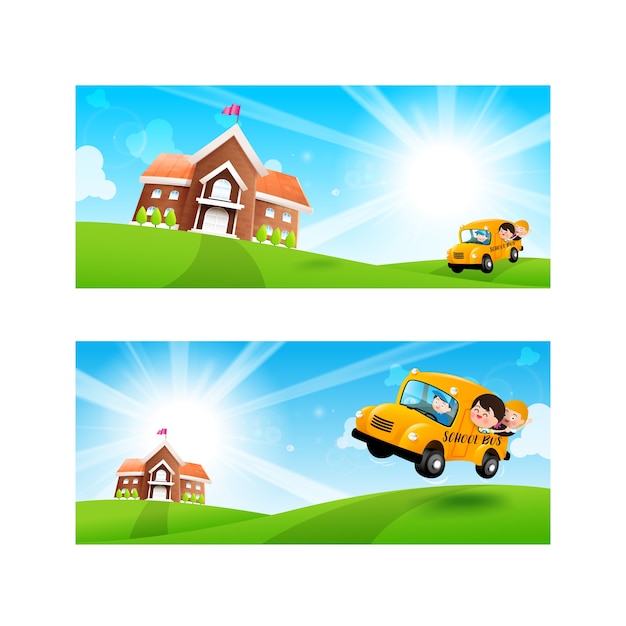 Back to School concept Blank banner template Student kids on school bus