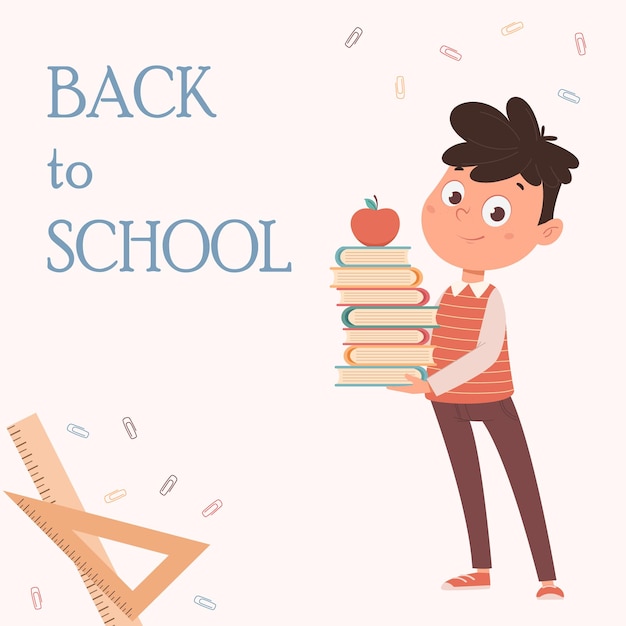 Back to school concept. Cheerful schoolboy holding books. Funny cartoon character