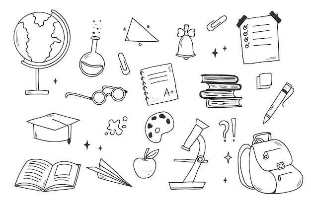 Back to school concept. Hand drawn set of doodle school items. Different stuff for study.