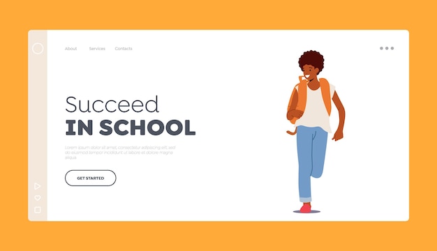 Back to School Concept Landing Page Template African Pupil Boy Wear Jeans and Backpack Happy Schoolboy Child Having Fun Kid Character Walk to College Cartoon People Vector Illustration