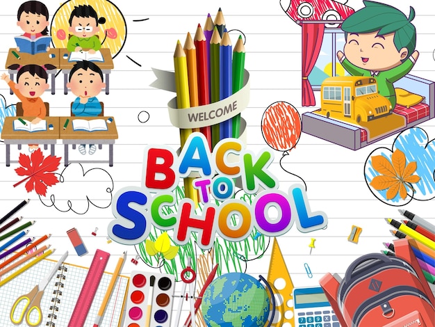 Back to school concept with happy children waving and colorful school supplies