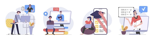 Vector back to school concept with people scenes set in flat web design collection of character situation with students learning online watching video lessons graduating study vector illustrations