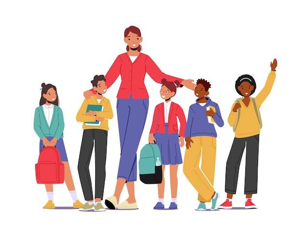 Back to School Concept with Young Smiling Woman Teacher and Group of Kids Stand in Row in Classroom Elementary School