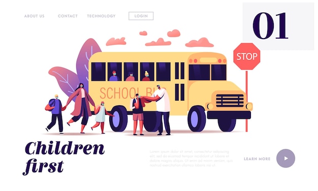 Back to School at Coronavirus Pandemic Landing Page Template. Parents Characters See Off Children to Schoolbus, Pupils Wearing Masks Boarding into Transport. Cartoon People Vector Illustration