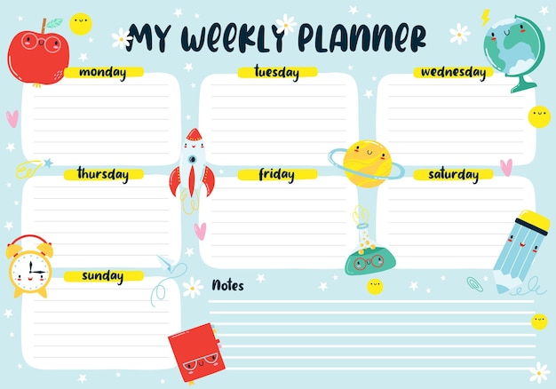 Back to school cute kawaii weekly or daily planner note paper to do list stickers templates decorated by cute kids