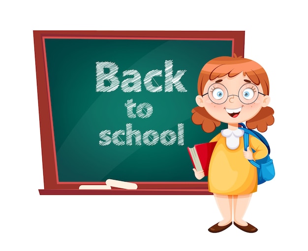 Back to school Cute schoolgirl standing near chalkboard Funny girl cartoon character