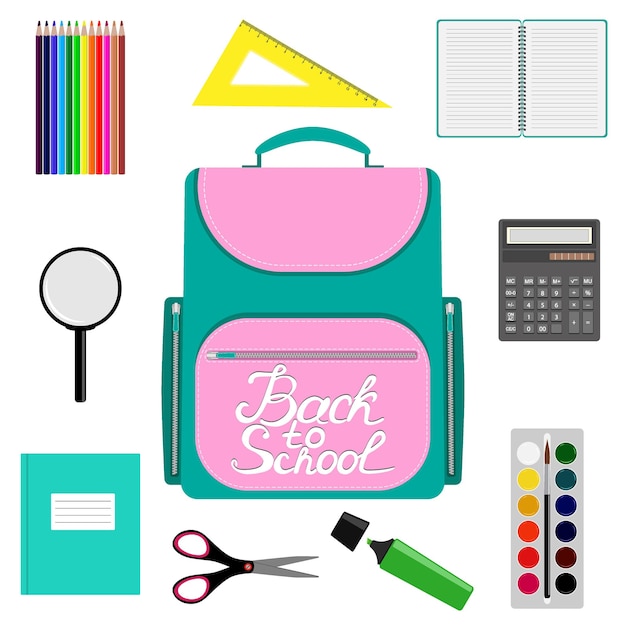 Back to school design Set of School supplies with Back to school hand drawn lettering