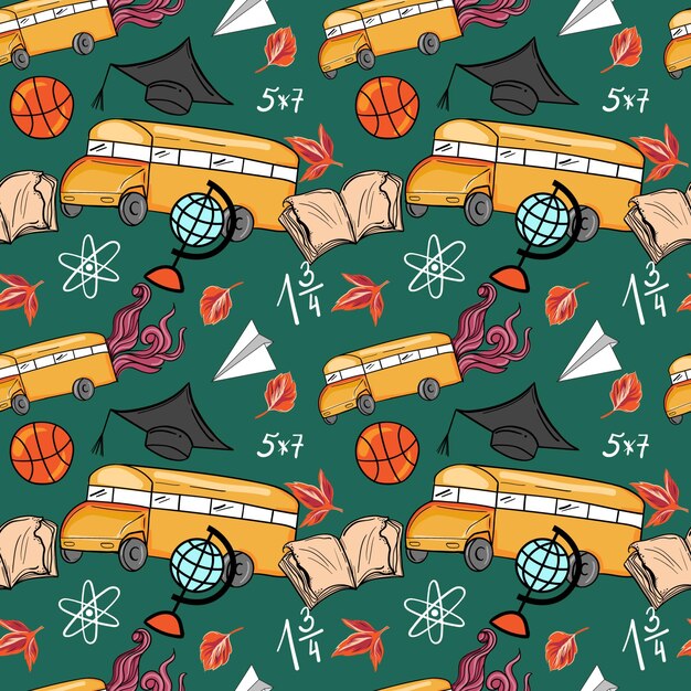 Back to school doodle seamless pattern Hand drawn illustration with school supplies