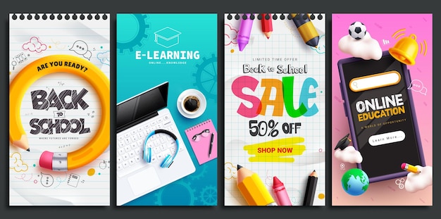 Back to school e learning vector poster set design Back to school online education with laptop