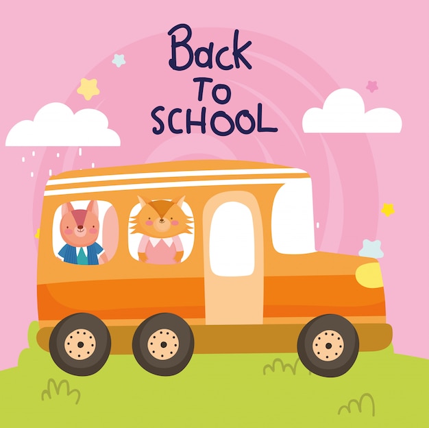 Back to school education cute fox and squirrel in the bus