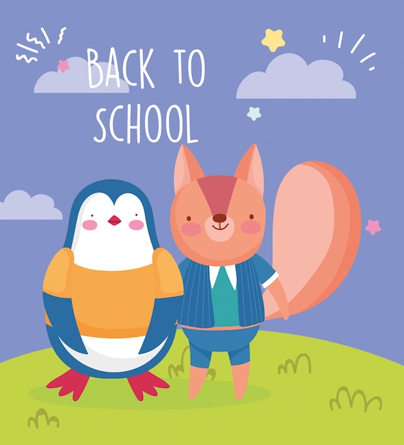 Back to school education penguin and squirrel