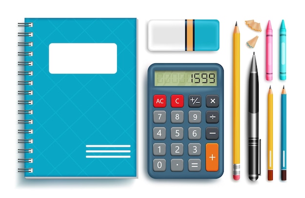 Back to school element vector set Back to school notebook calculator pencil and crayon elements