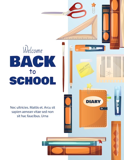 Vector back to school flyer frame for text on the left on the right on a blue background are school supplie