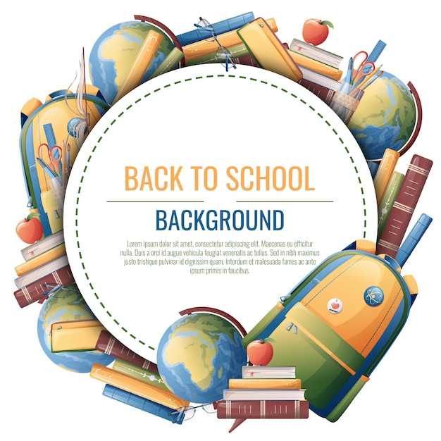 Back to school frame design Poster postcard with backpack books globe School Knowledge educationBackground with school