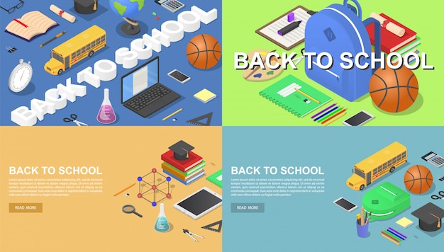 Back to school green desk tools supplies banner concept set