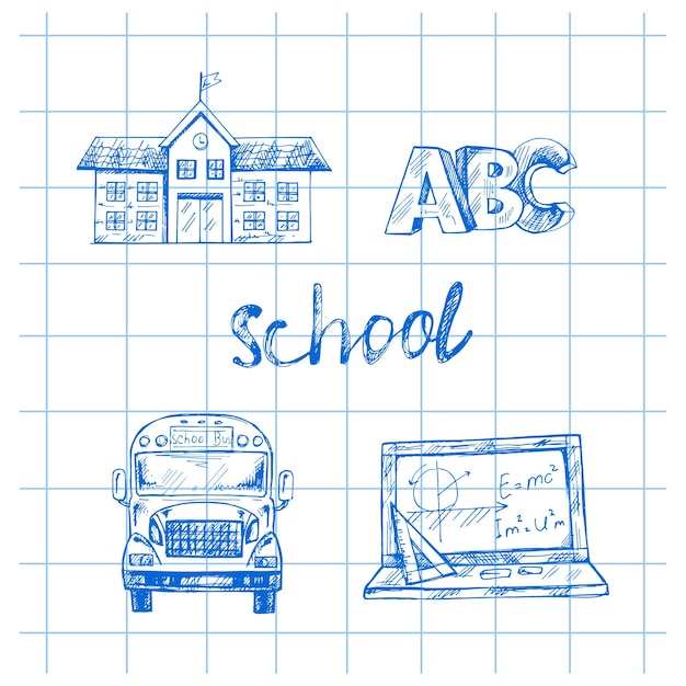 Vector back to school hand drawn school sketch set doodle lettering and school object collection