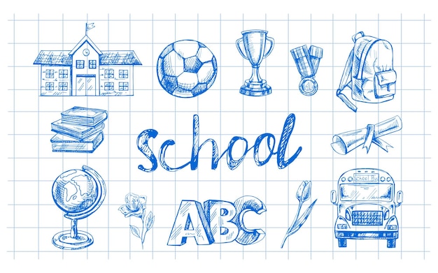 Vector back to school hand drawn school supplies big sketch set doodle lettering