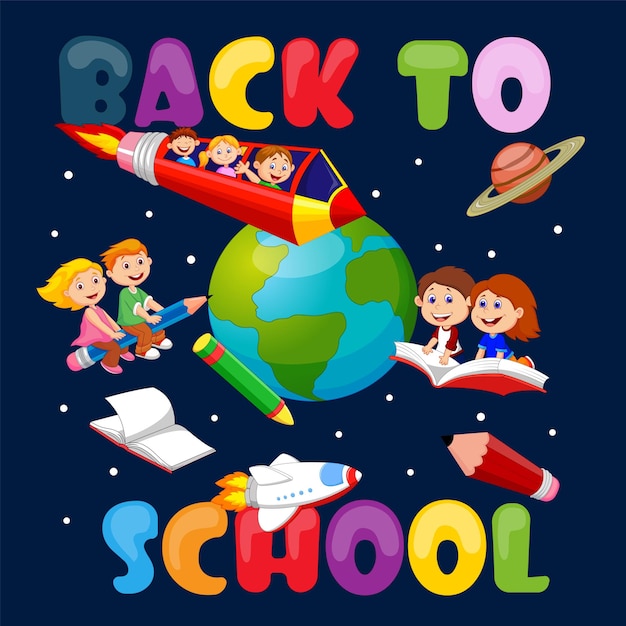 Back to school. Happy kids flying in space travel