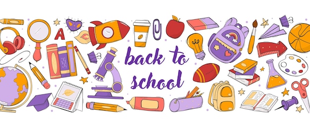 Vector back to school horizontal banner decorated with lettering quote and doodles on white background