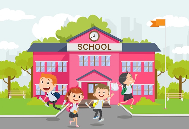 back to school illustration. Children having fun, excited, jumping, running away. childhood, friends.