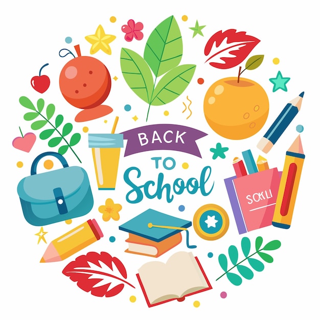 Vector back to school illustration with a blue backpack pencils books an apple and a graduation cap