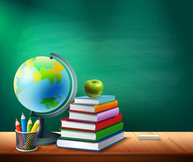 Back to school illustration with books pencils pot globe on table in classroom realistic