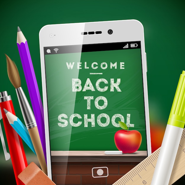 Vector back to school illustration with smartphone and stationery items