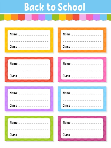 Back to school labels. Set stickers for notebook. Name and class. Bright stickers. Rectangular label.