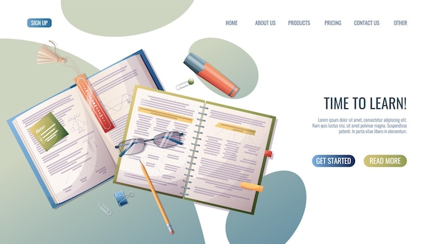 Back to school landing page template Illustration of textbook notebook and stationery Flat web banne