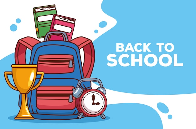 Back to school lettering with schoolbag and icons