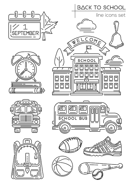 Back to school. Line icon set. First September. Welcome to school. School and Education line icons.