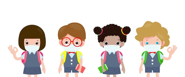 Back to school for new normal concept, group of children wearing face medical mask, protect covid19 or coronavirus