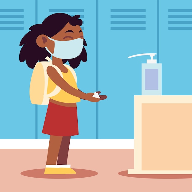 Back to school for new normal, cute girl student with dispenser hands sanitizer illustration