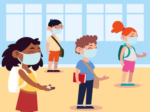 Back to school for new normal, group students in classroom keep physical distance illustration